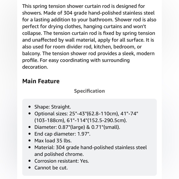New! Tension Shower Curtain Rod - Never Rust Non-Slip Adjustable Closet Rod, Chr - Picture 9 of 14